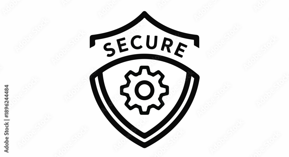 Obraz premium Secure shield icon with gear symbol, representing data protection, cybersecurity, privacy, and reliable technology settings. Black and white vector illustration.