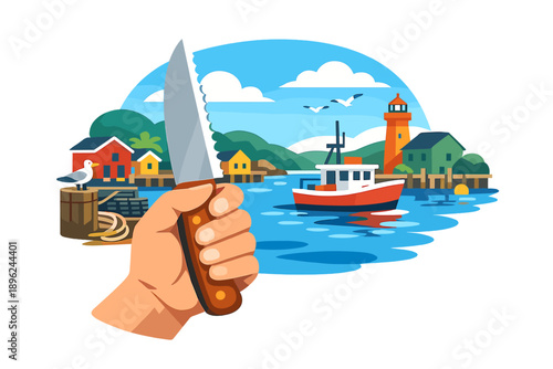 A hand grips a serrated knife set against a lively harbor scene, conjuring notions of work, fishing, and seaside life—perfect for travel, culinary, or cultural projects