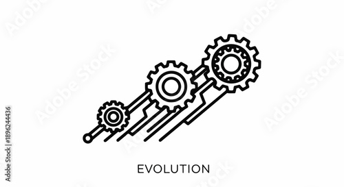 Concept of evolution and technological progress, depicted by interconnected gears of increasing size on a circuit-like path, symbolizing growth and development.