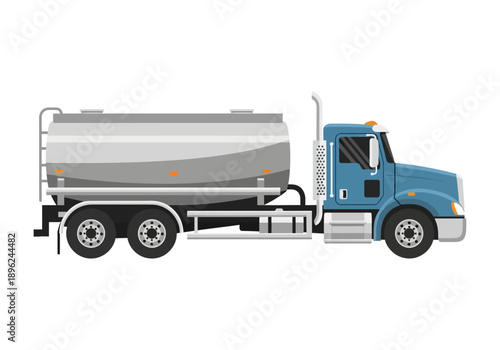 Blue semitruck with a large silver tank trailer on a white background
