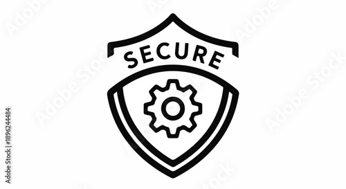 Secure shield icon with gear symbol, representing data protection, cybersecurity, privacy, and reliable technology settings. Black and white vector illustration.