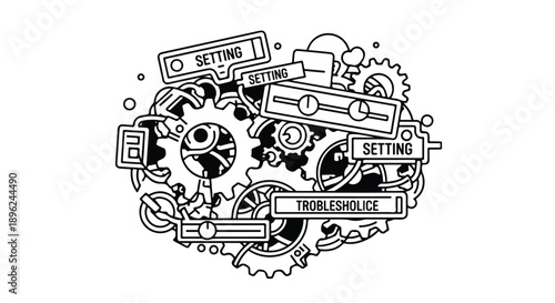 Intricate doodle illustration of gears, settings, and troubleshooting elements, representing complex systems, configuration, and problem-solving mechanisms.