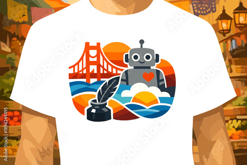 Design a shirt featuring a sleek, minimalist illustration of local symbols that embody your community's identity, captured up close, celebrating cultural heritage with vibrant overlay against a