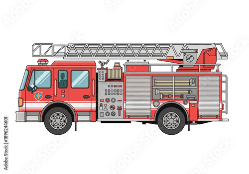 Side view illustration of a red aerial ladder fire truck on a white background