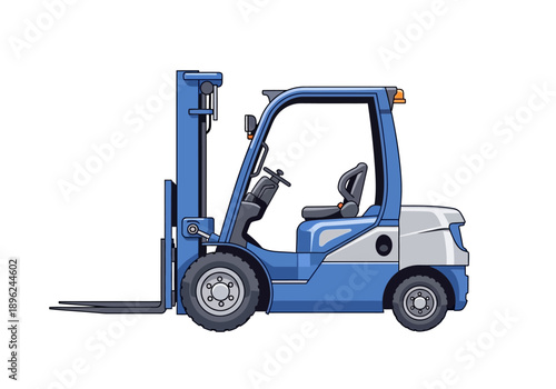 Side view illustration of a blue and silver industrial forklift on a white background