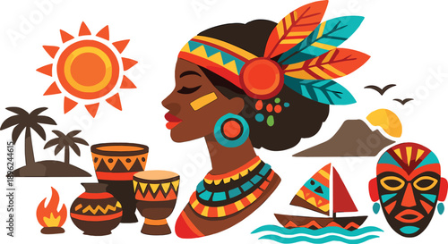 Vivid watercolor flat design showcases artistic tribal patterns from a side view, reflecting cultural themes