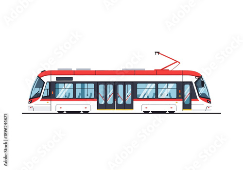 Side view illustration of a red and white modern tram with a pantograph