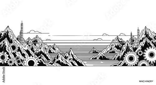 Black and white panoramic illustration of a conceptual landscape, blending majestic mountains and serene waters with industrial machinery and gears.