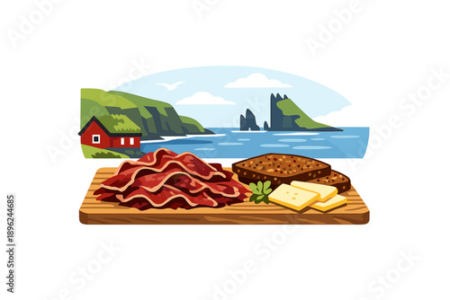 Faroese wind‑dried mutton, thinly sliced on a wooden board, served with rye bread and cheese against a coastal backdrop, exemplifying authentic Nordic cuisine for cultural and travel themes