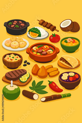 A vibrant yellow backdrop showcases an array of colorful Brazilian traditional dishes and ingredients, highlighting culinary and cultural themes