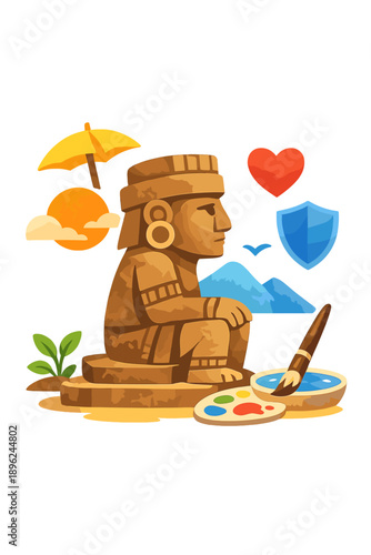A vivid watercolor side view of a heritage statue in flat design, emphasizing cultural preservation