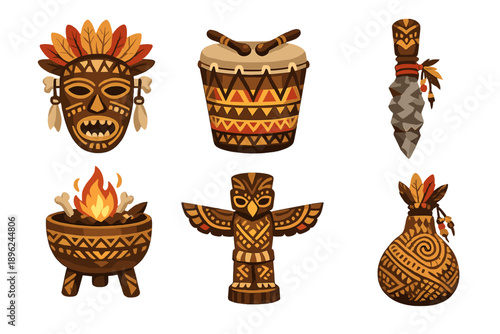 Ceremonial cultural artifacts showcasing tribal motifs and scarification patterns
