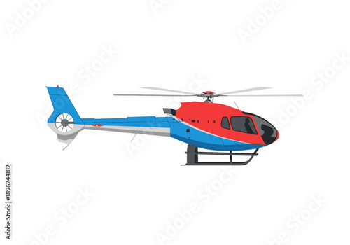 Stylized side view of a red and blue helicopter with a Fenestron tail rotor