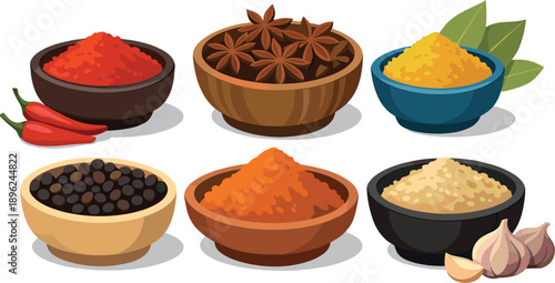 Vibrant spices arranged in bowls against a white backdrop, ideal for food-themed visuals