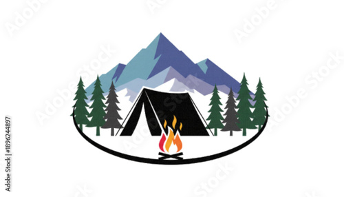 Mountain Camping Adventure Graphic with Tent and Campfire