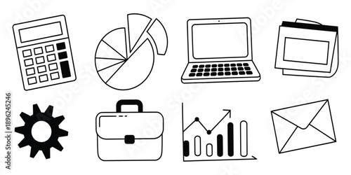 doodle style business icons set charts laptop and lightbulb idea vector.