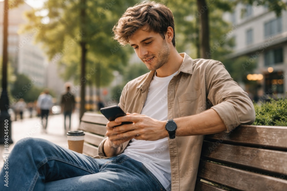 Obraz premium Man sitting on a bench, using his smartphone in a sunny urban setting.