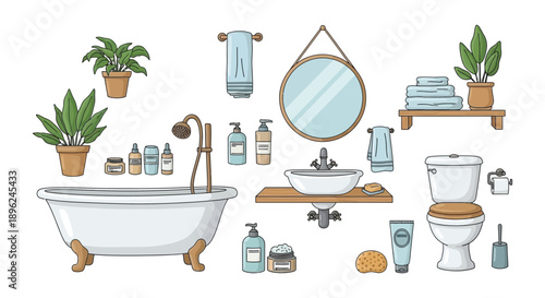 A minimalist bathroom interior design with a bathtub shower and plants