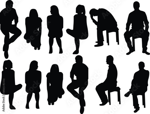 Collection of black silhouettes depicting various people in different sitting postures, isolated on a white background.