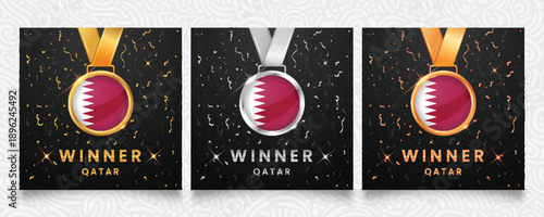Qatar winner set featuring gold, silver, and bronze medals with the national flag design, displayed on a dark background with festive confetti, sparkling highlights, and elegant patterns