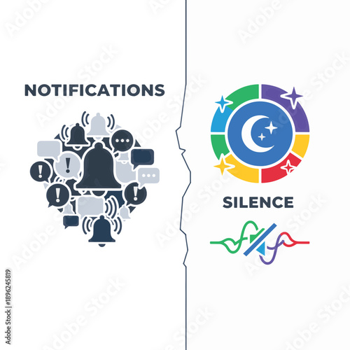 Notifications versus silence digital wellbeing concept. Distraction compared to quiet focus mode. Vector illustration