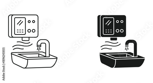 Modern bathroom shower and bathtub icons set with water flow isolated on white background vector illustration