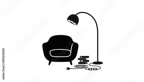 Cozy reading corner with armchair and books. Minimalist vector icon of unplugged extension cord for digital detox. Analog hobby and relaxation concept