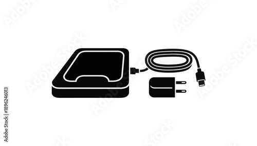 Empty wireless charging dock with adapter and USB cable. Minimalist electronic charger components illustration. Black and white vector icon of disconnected power supply