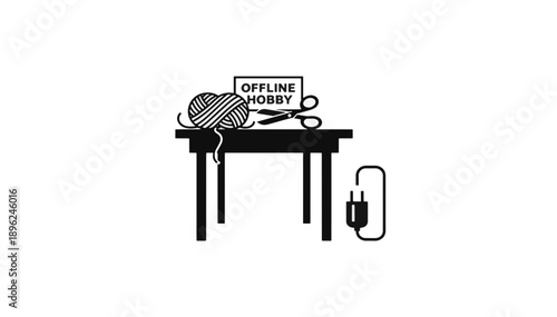 Offline hobby concept with knitting yarn and scissors on a table. Digital detox illustration with unplugged power cord. Minimalist black and white vector icon