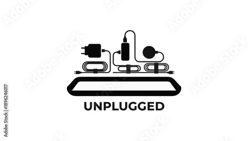 Unplugged concept vector illustration with electronic chargers on an entryway tray. Digital detox and device disconnection symbol. Minimalist black and white graphic. Copy space for text
