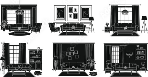 Luxury living room interior scene silhouettes featuring large windows ornate curtains floor lamps armchairs and wall gallery frames