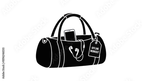 Offline workout concept vector illustration with gym bag and phone. Digital detox during fitness routine. Minimalist black and white graphic of sports bag with tag. Copy space for text