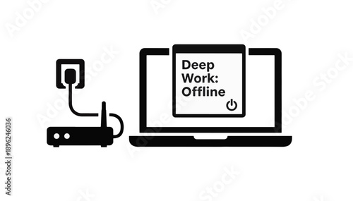 Deep work offline concept with unplugged router and laptop. Digital detox and productivity illustration. Minimalist black and white vector icon