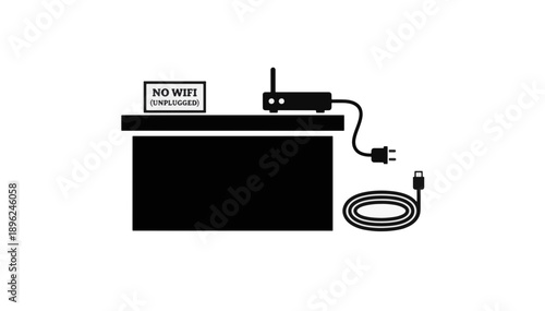 No wifi unplugged sign on desk with router and cable. Offline zone and digital detox concept. Black and white vector illustration of disconnected internet