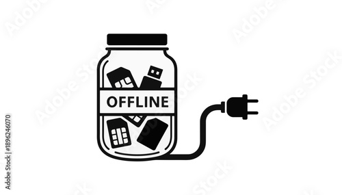 Offline jar containing sim cards and usb flash drive. Digital detox and technology break concept. Black and white vector illustration with unplugged cable