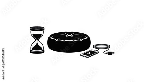 Meditation and digital detox concept with vector icons. Hourglass, cushion, and smartphone with unplugged charger. Mindfulness and time management illustration