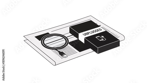 Vector illustration of a newspaper with a phone box labeled unplugged. Digital detox and offline lifestyle concept. Disconnecting from technology to read news