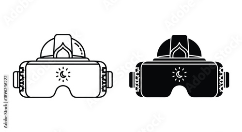 Virtual Reality Headset Illustration in Black and White on White Background