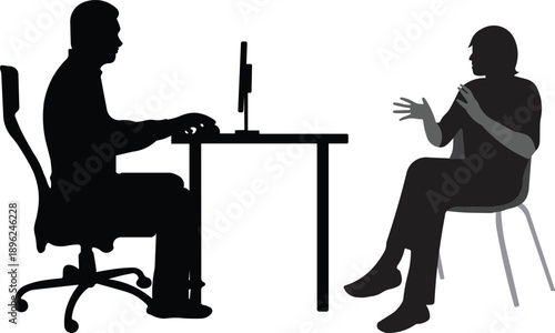Two silhouettes of people in an office setting, one at a computer desk and the other gesturing during a conversation or interview.