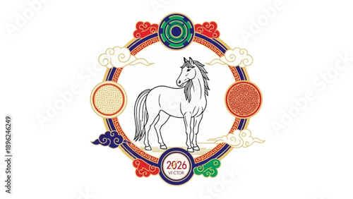 Illustration of a fire horse in a colorful circular design for the 2026 Chinese New Year, specifically the Year of the Fire Horse, symbolizing tradition and culture.