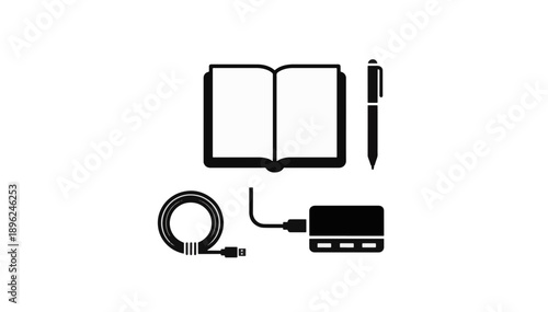 Workspace flat lay with open journal pen and usb hub. Vector illustration of organized desk essentials and technology accessories. Minimalist black silhouette on white background