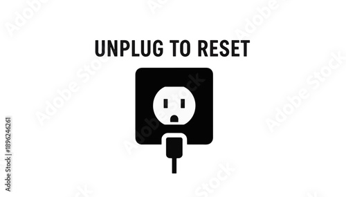 Unplug to reset concept with wall outlet vector icon. Minimalist black and white illustration for mental health and digital detox. Disconnect to recharge message