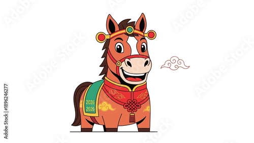 Illustration of a smiling fire horse in traditional Chinese attire with ornate headpiece and saddle, symbolizing the Year of the Fire Horse in 2026, against a clean white background.