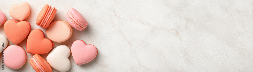 Fototapeta premium Heart shaped macaron pink macaron orange macaron white macaron pastel color dessert sweet treat Valentine Day dessert romantic dessert minimal style marble background