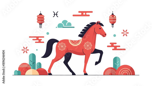 Illustration of a fire horse in a traditional Chinese design for the 2026 Chinese New Year, specifically the Year of the Fire Horse, with cultural symbols and decorations.