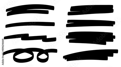 Black highlight marker lines isolated on white background. Various marker pen strokes with realistic texture. Hand drawn set of modern design elements for text highlighting and creative decor.