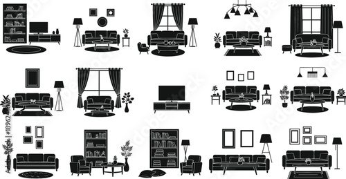 Living room interior furniture silhouette set with modern sofa couch television stand bookshelf lamp curtains and home decor elements