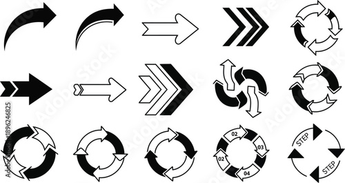 A collection of 14 unique arrow and circular directional icons in black and white