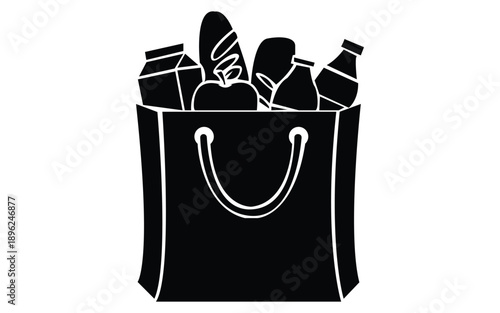 Black grocery shopping bag icon with food items including bread, milk, bottles and fruit silhouette
