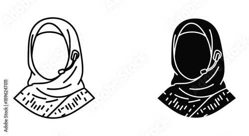 Muslim Woman Wearing Hijab, Simple Line Art Illustration, Black and White